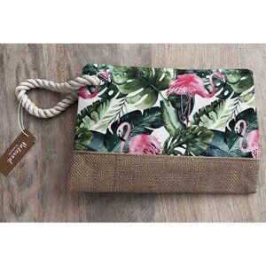 FLAMINGO & palm leaves Summer wristlet lined jute cotton polyester New 10" x 7"